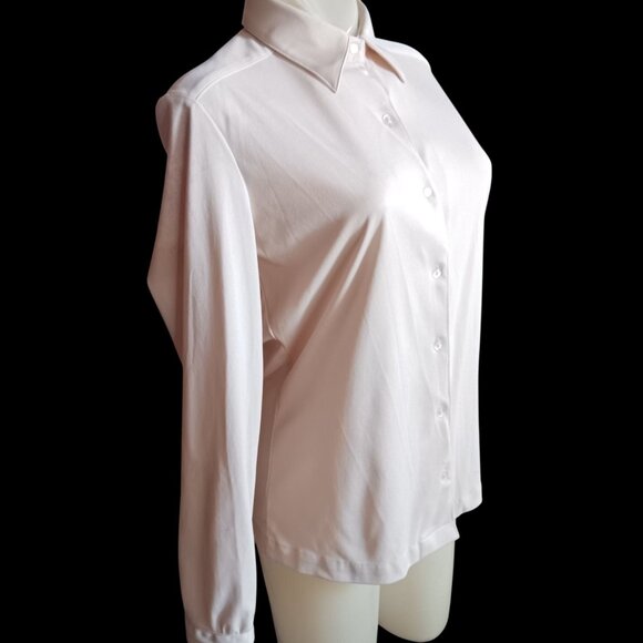 Vintage Womens Medium Blouse Secreatry Light Pink Stretchy Poly Granny 1970's - Picture 2 of 6